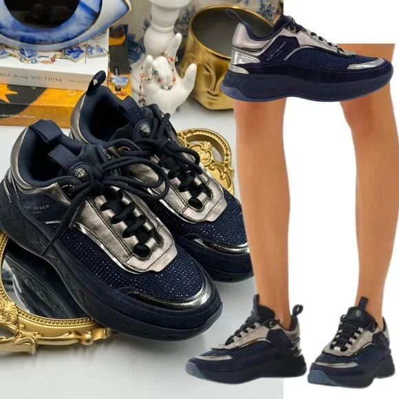 🆕 KURT GEIGER LONDON 🧿 NWOB Kensington Sneaker, Dark Blue Strass, Sz 37 - Picture 1 of 16